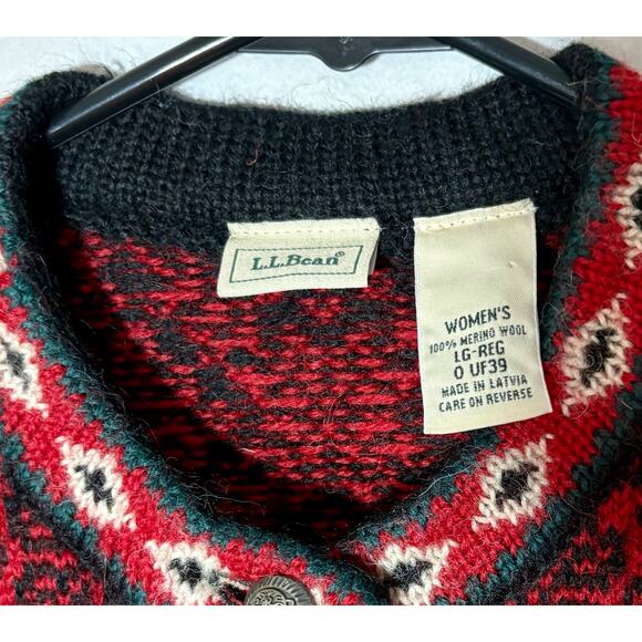 Vtg L.L. Bean Womens Lg 100% Merino Wool Scandinavian Cardigan Red Heavy Sweater - Picture 6 of 11